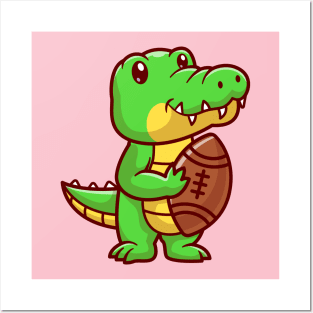 Cute Crocodile Holding Rugby Ball Cartoon Posters and Art